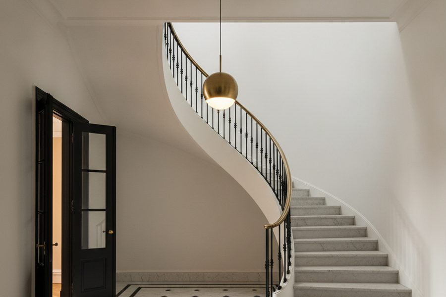 A white foyer with a brass pendant