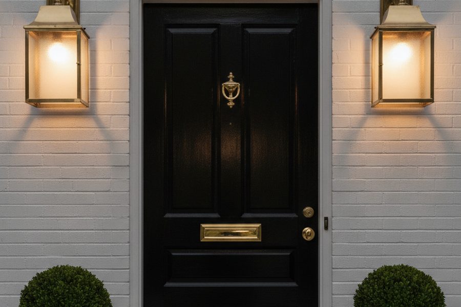 A black front door with brass lanterns